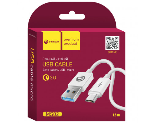 Кабель MicroUSB MS02 QC3.0 1M белый DREAM